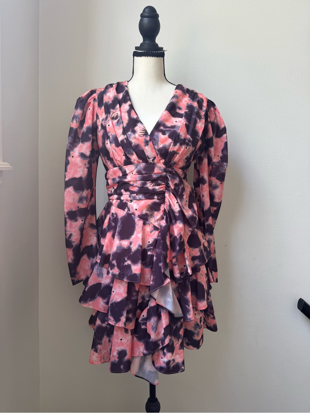 Beulah Abstract Print Faux Wrap Ruffle Mini Dress Puff Sleeve Size Small